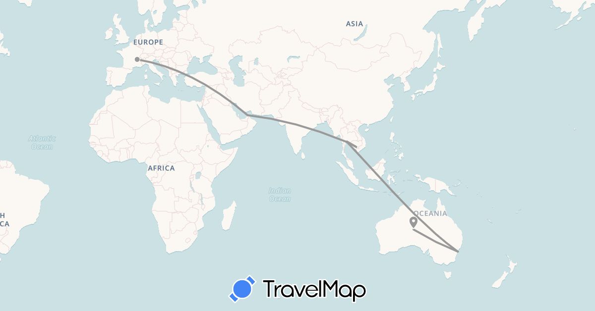 TravelMap itinerary: plane in United Arab Emirates, Australia, France, Cambodia, Thailand (Asia, Europe, Oceania)